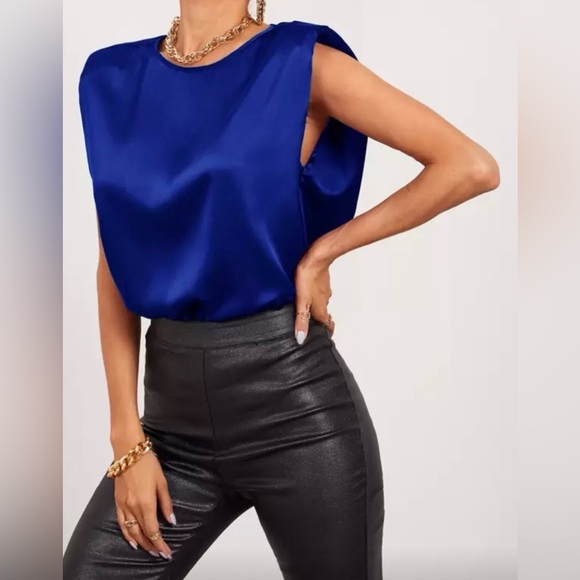 SHEIN Womens S Solid Royal Blue Structured Sleeveless Satin Top Preppy Classic - Picture 16 of 16